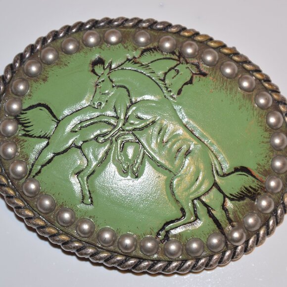Vintage Fighting Stallions Green Oval Western Belt Buckle main image 6